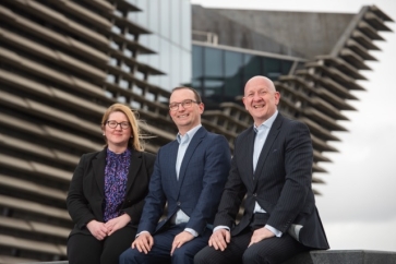 L-R: Lauren Whitters, Duncan Fernie and Johnston Carmichael Wealth’s managing director Craig Hendry, outside Dundee’s V&amp;A museum
