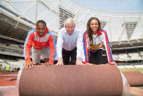 Brendan Foster, chairman of the Great Run Company, with GB athletes CJ Ujah and Adelle Tracey